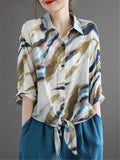 Retro Comfy Contrast Color Lapel 3/4 Sleeve Shirts