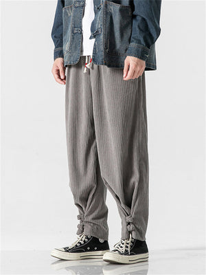 Men's Striped Textured Knot Button Ankle Tie Pants