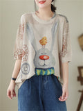 Women's Rabbit Bird Cartoon Print Hollow Breathable Shirt