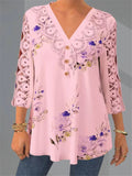 V-Neck Floral Printed Lace 3/4 Sleeve Blouses