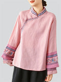 Women's Embroidery Stand Collar Cotton Linen Long Sleeve Shirt