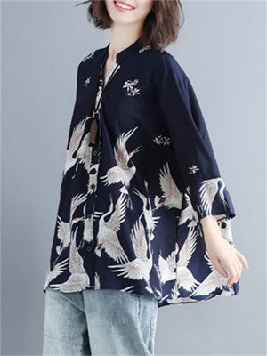 Irregular Loose Cranes Printed Chiffon Shirts