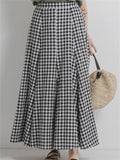 Cotton Linen Japanese Style Lattice Elastic Ladies Long Skirts