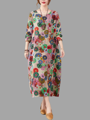Cotton Linen Loose Printed Dresses For Women