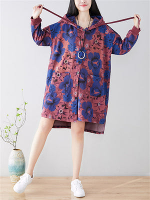 Retro Printed Drawstring Hooded Trench Jacket