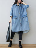 Lapel Light Blue 3/4 Sleeve Long Denim Jacket