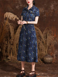 Lady Temperament Printed Lapel Metal Button Denim Dresses