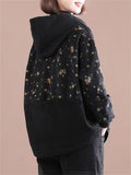 Black Hooded Printed Thicken Ladies Jackets