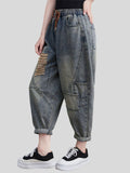 Female Loose Elastic Waist Ripped Thin Retro Jeans