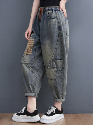 Female Loose Elastic Waist Ripped Thin Retro Jeans