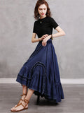 Irregular Plicated Retro Denim Long Skirt