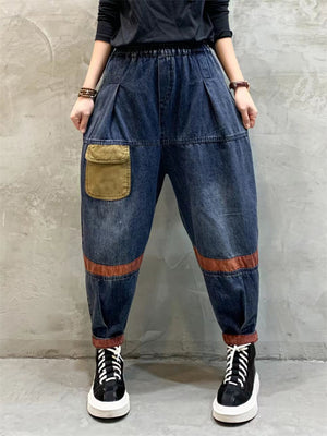 Women's Literary Old Patchwork Pockets Jeans