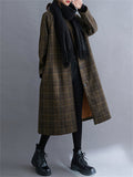 Women's Retro Plaid Crew Neck Single-Breated Faux Woolen Overcoat