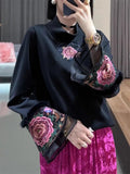 Lady Floral Embroidery Patchwork Flared Sleeve Shirt