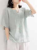 V-neck Embroidery Linen Shirts