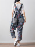 Fashion Loose Flowers Printed Denim Jumpsuits